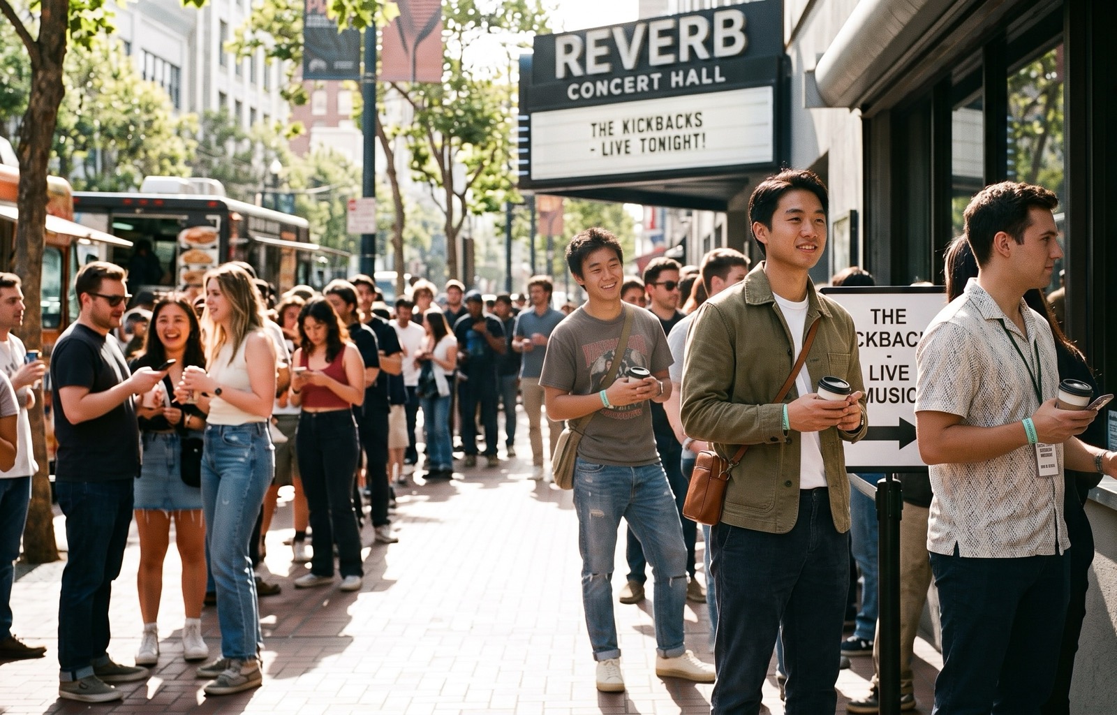 People waiting in a long line outside a concert hall's box office